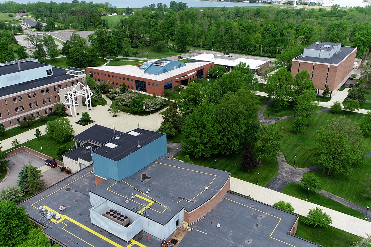 Aerial view of Ohio State Lima campus with three buildings and greenery