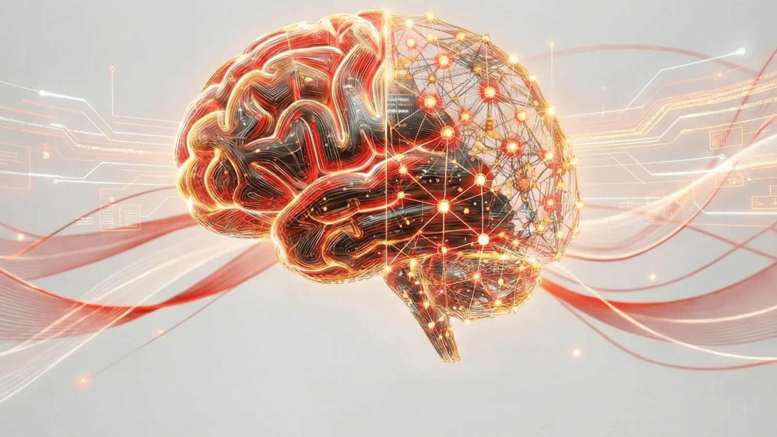 Brain accented with wavy lines of red and orange