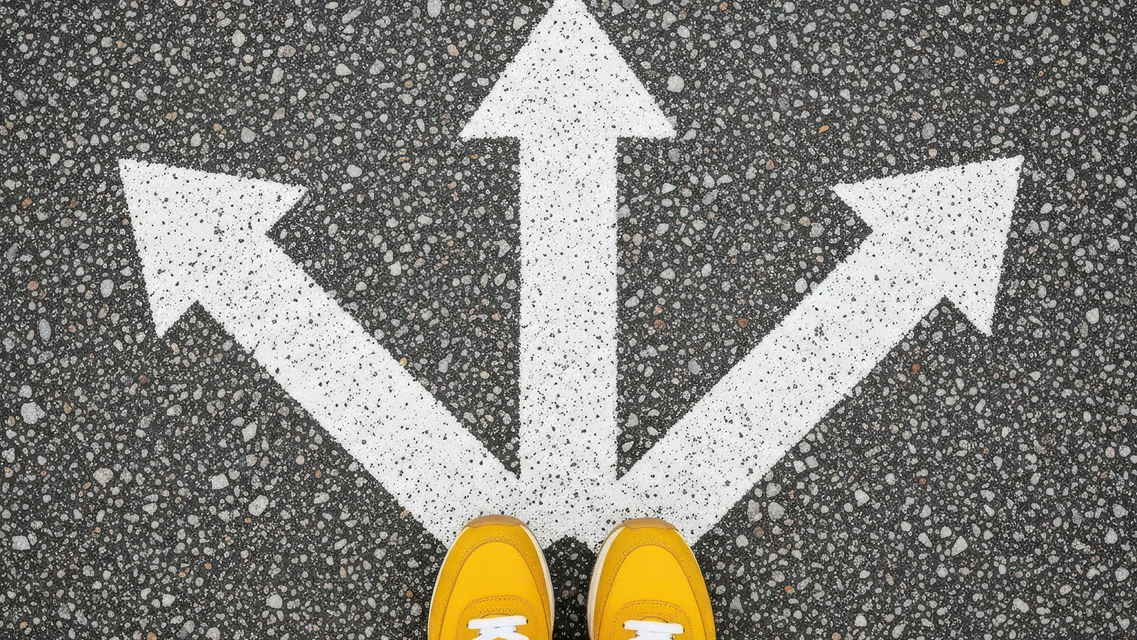3 arrows pointing northwest, north and northeast with yellow shoes at merge point