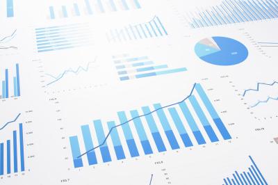 A series of pie charts and bar graphs on a white background.