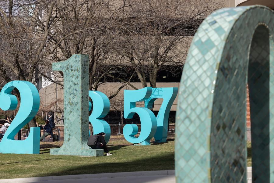 Public sculpture garden of blue numbers: 2, 1, 3, 5, 7