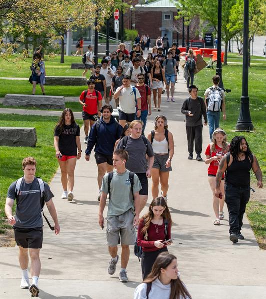 Students walking on campus on a sunny day