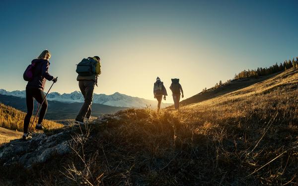 Four people are silhouetted as they hike up a hill.