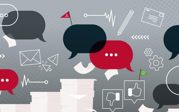 Graphical collage of speech bubbles, mail icons, like/dislike buttons, and piles of paper.