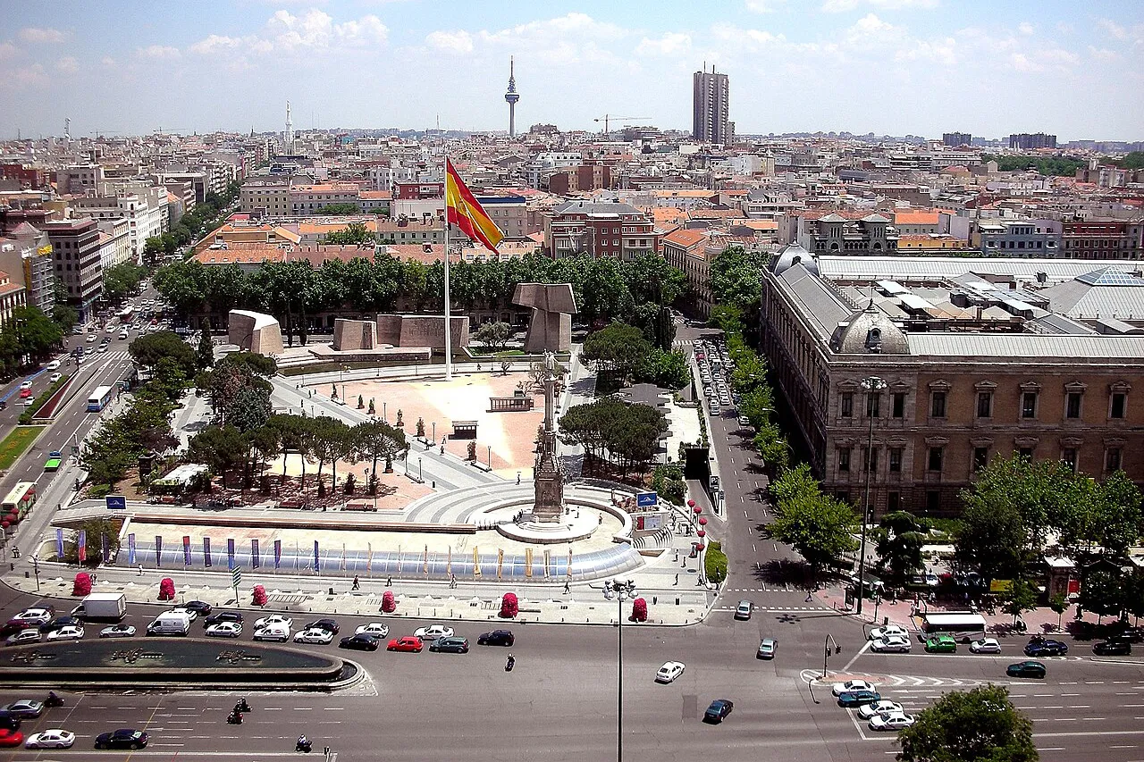 Aerial view of city of Plaza de Colón in Madrid, Spain