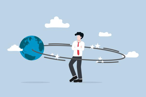 An illustration of a figure standing in the center of an orbit with the earth circling around him.