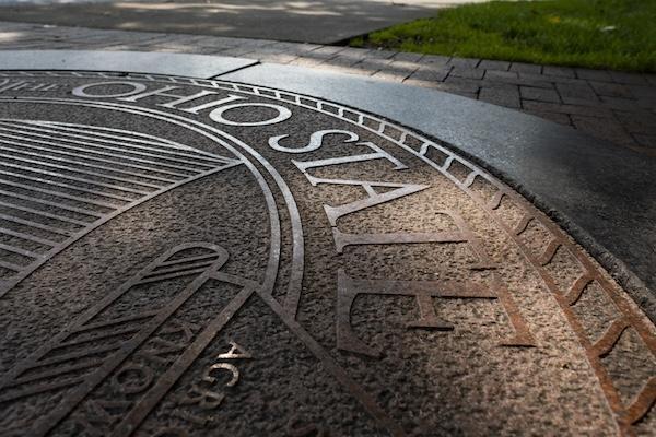 Ohio State seal on the ground in the Oval