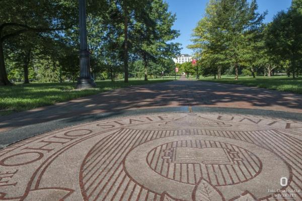 The seal of The Ohio State University on the Oval