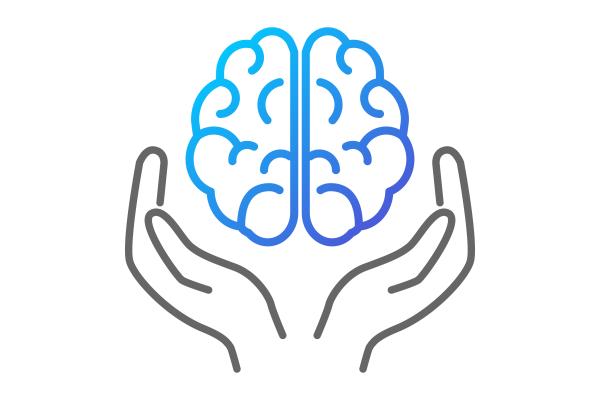 A pair of hands outlined in gray lifts up the shape of a brain outlined in blue.