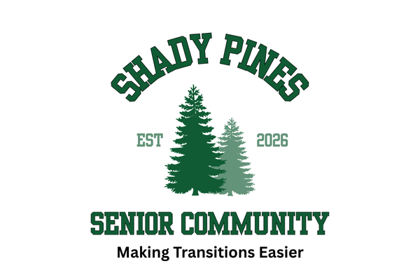 Text "Shady Pines Senior Community" with two pine trees