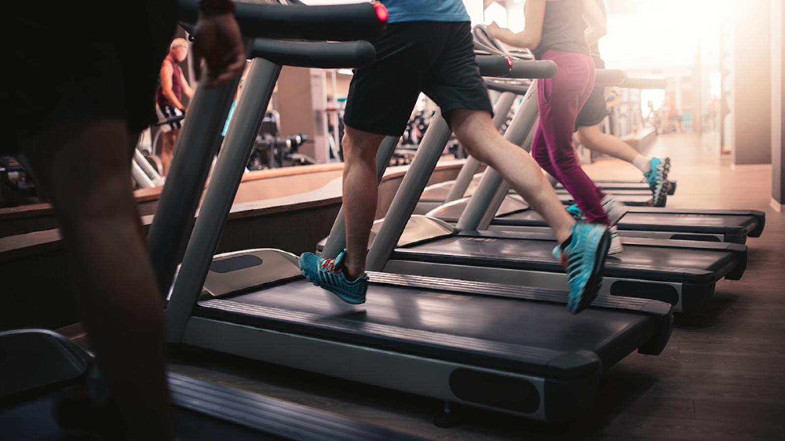 People running on a row of treadmills in a gym
