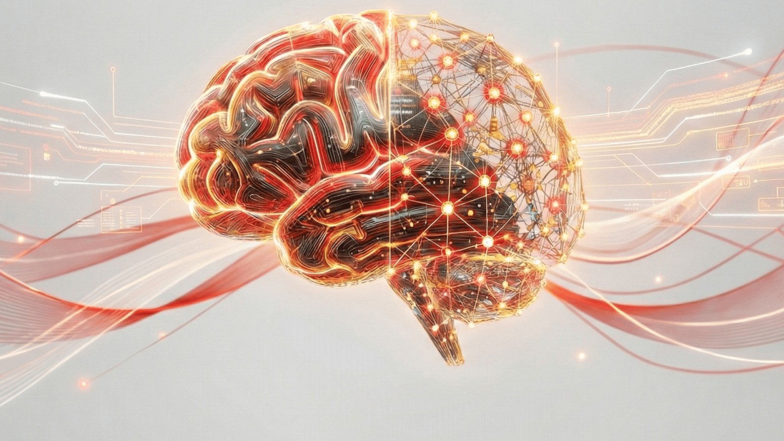 Brain accented with wavy lines of red and orange